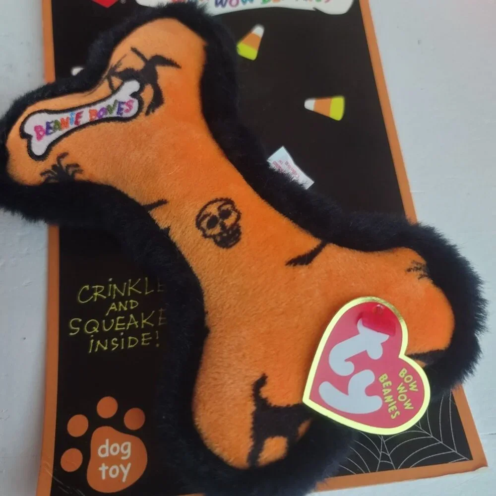 Ty Bow Wow Beanies Bone Dog Toy Halloween Crinkle Squeaker Skull Cat Witch NEW